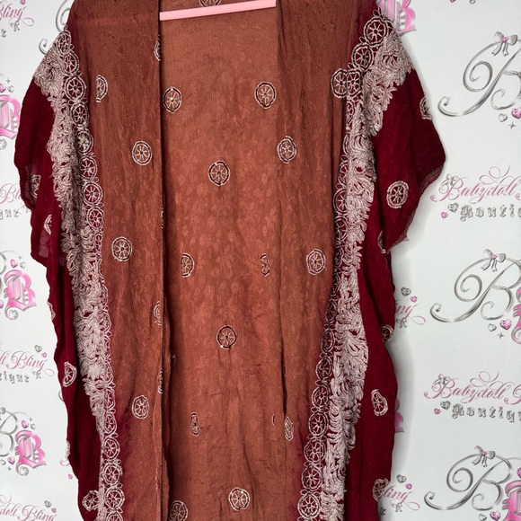 Bohemian Burgundy Lace Kimono robe cardigan one size fits all embroidered - Picture 7 of 15